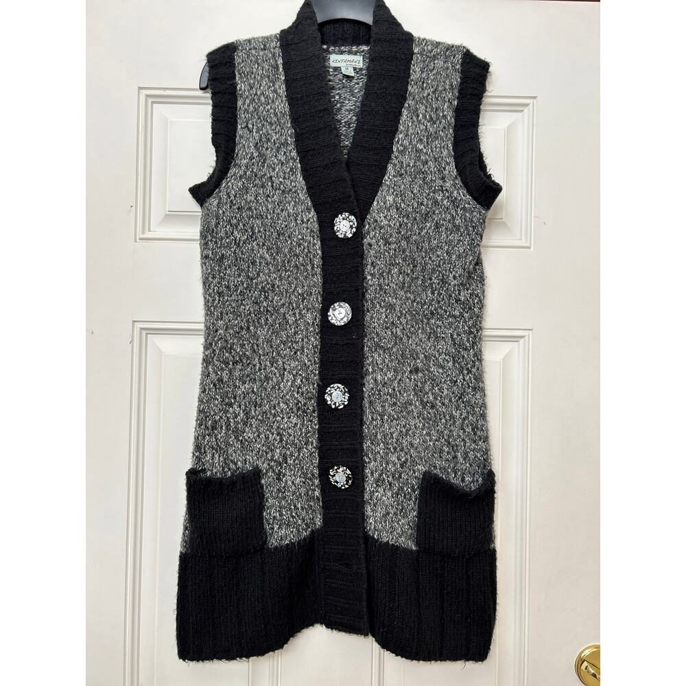 Vintage Kintamani Fuzzy Acrylic Sweater Vest Shell Inlay Buttons Medium PLZ READ